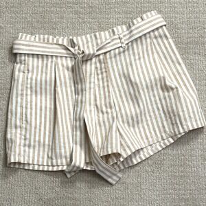 2Sable Striped Shorts High Waist Belted Casual Summer Beige White Size S‎